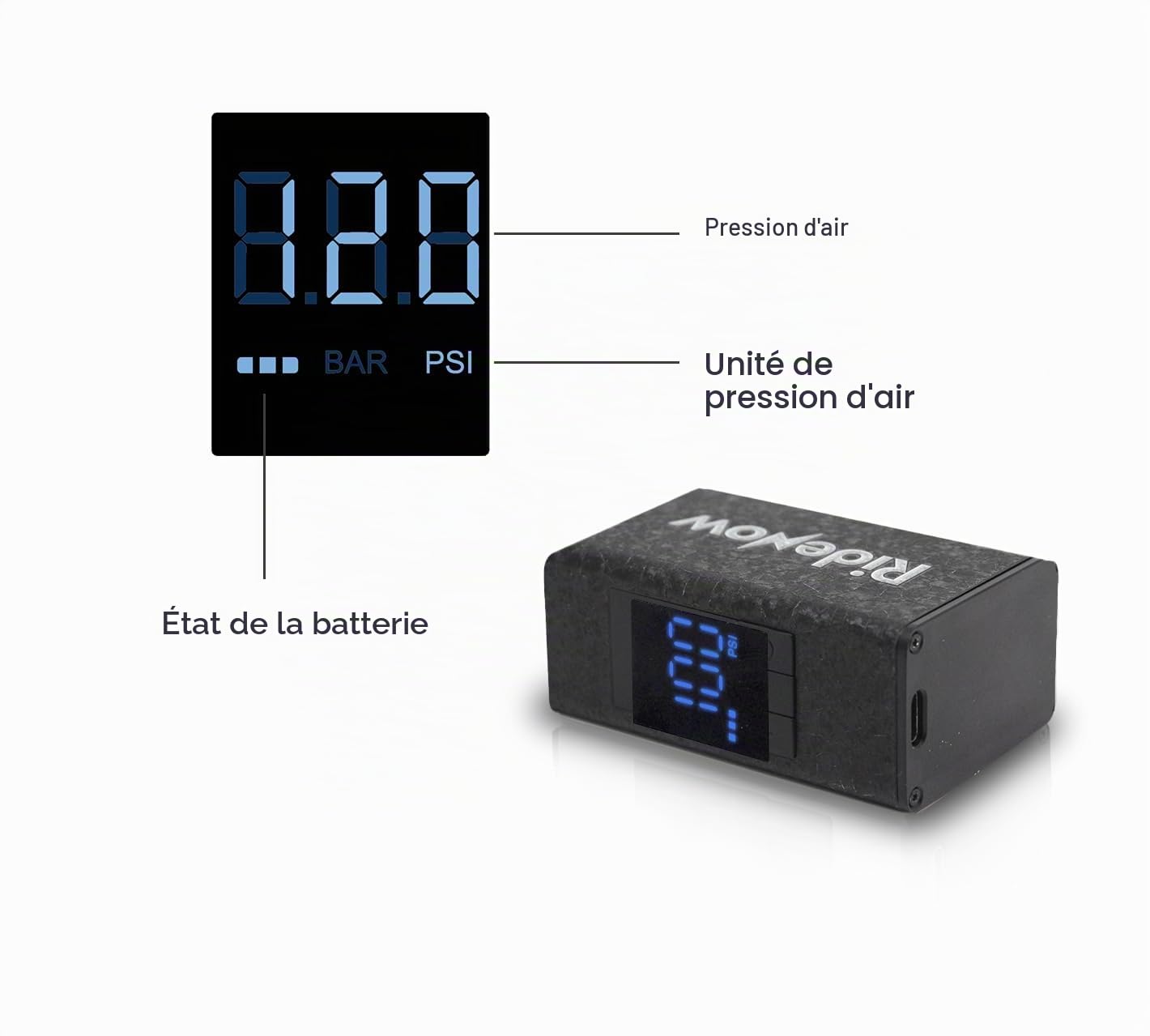 RIDENOW R1S Mini pompe à air électrique portable pour vélo avec écran doseur, 120 PSI, rechargeable, arrêt automatique, valve Presta Schrader, correction automatique E-Bike, VTT, gravel, route
