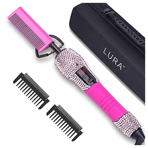 LURA Pink 180-500°F Hot Comb Electric for Wigs,Straightening Comb for African American Hair,Pressing Combs for Natural Black Hair,Bling Diamonds Hair Straightener Brush for Women Thick Hair…