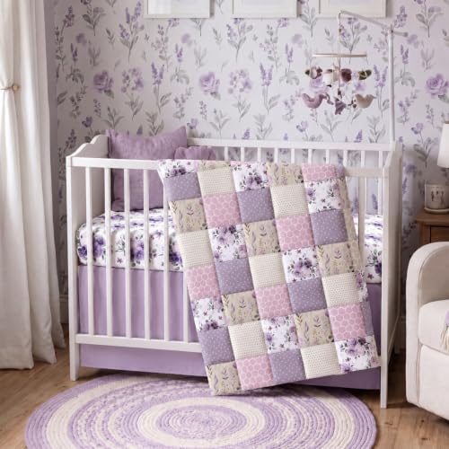 Image of Hahafelt 3 Pcs Purple Floral Patchwork Baby Crib Bedding Set for Baby Girl