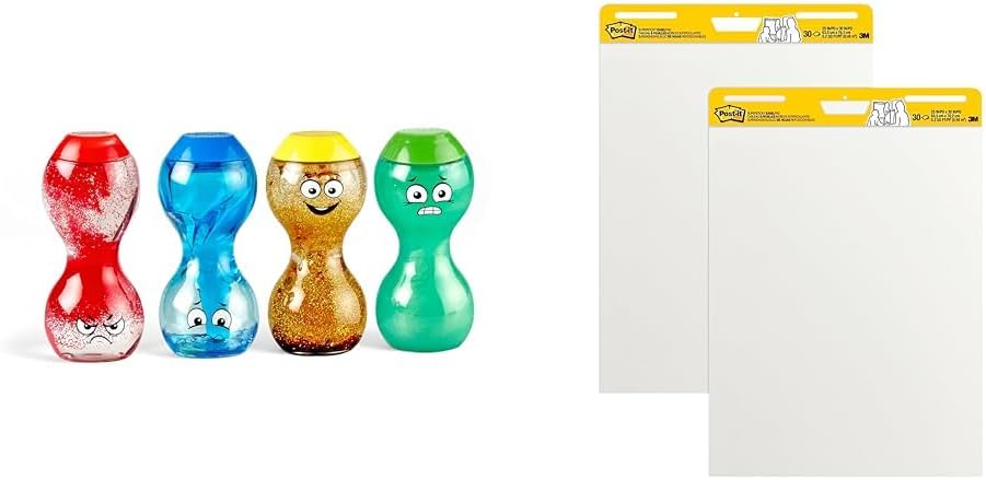 hand2mind Express Your Feelings Sensory Bottles, Play Therapy Toys & Post-it Super Sticky Easel Pad, 25 in x 30 in, White, 30 Sheets/Pad, 2 Pad/Pack, Large White Premium Self Stick Flip Chart Paper