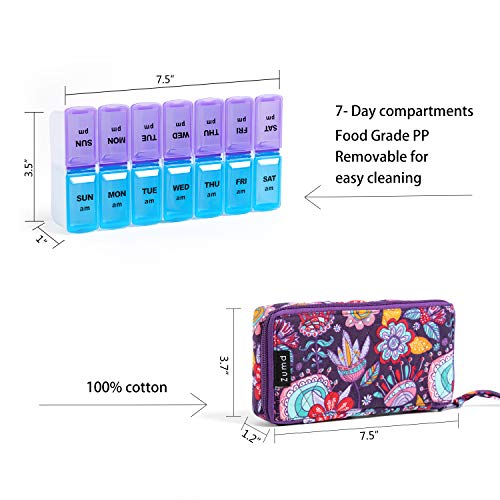 Image of Weekly Pill Organizer 2 Times a Day, Zumd Pill Box 7 Day with Cute Quilted Fabric Zipper Case, Travel Pill Case Am Pm for Vitamin Medicine Organizer