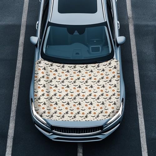 Image of Witch Skull Halloween Print Car Hood Cover Easy to Install Fabric Hood Cover Halloween Vehicles Decorate Engine Removable Automotive Accessories Personalized Suitable for Cars(59x39 Inch)