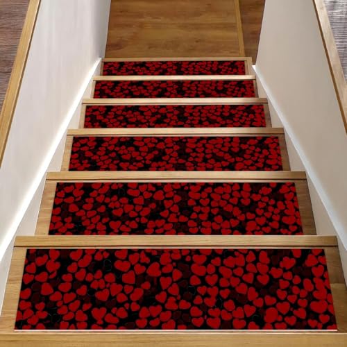 Alfombra para peldaños de escalera con diseño Red Hearts y base de seguridad 2