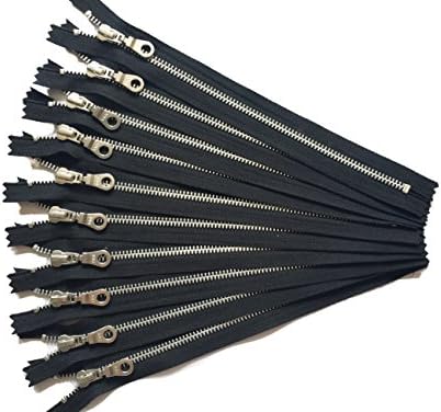 14 Inch Aluminum Silver Metal YKK Zippers in Black Number 5 Set of 10 Pieces by Craftbot