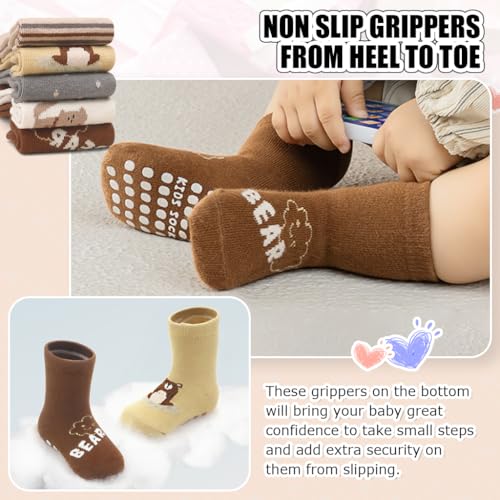 Image of SNOWIE SOFT 5 Pairs Baby Socks Set, Antislip Socks for New Born Baby 0-3 Years, Non Slip Grip Ankle Socks with Non Skid Soles for Infants Baby Shower Gifts