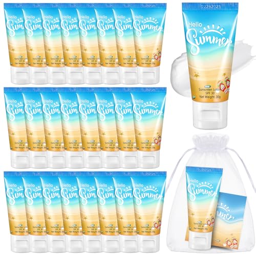 Leelosp 24 Sets Summer Mini Sunscreen Bulk Beach Pool Favors SPF 30 Water Resistant Sunscreen Lotion 1 Oz with Greeting Card Gifts for Summer Baby Shower Wedding Bridal Shower