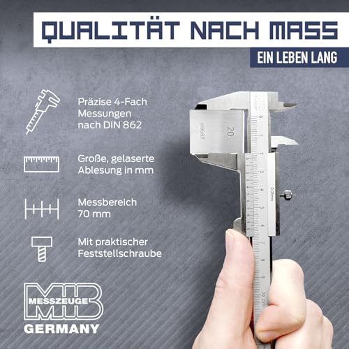 MIB Klein-Messschieber mit Feststellschraube DIN 862 70mm | Schieblehre rostfreier Stahl | Analog Messschieber | Schublehre mattverchromt | Präzisions-Messgerät für 4-fach Messung | Messwerkzeug