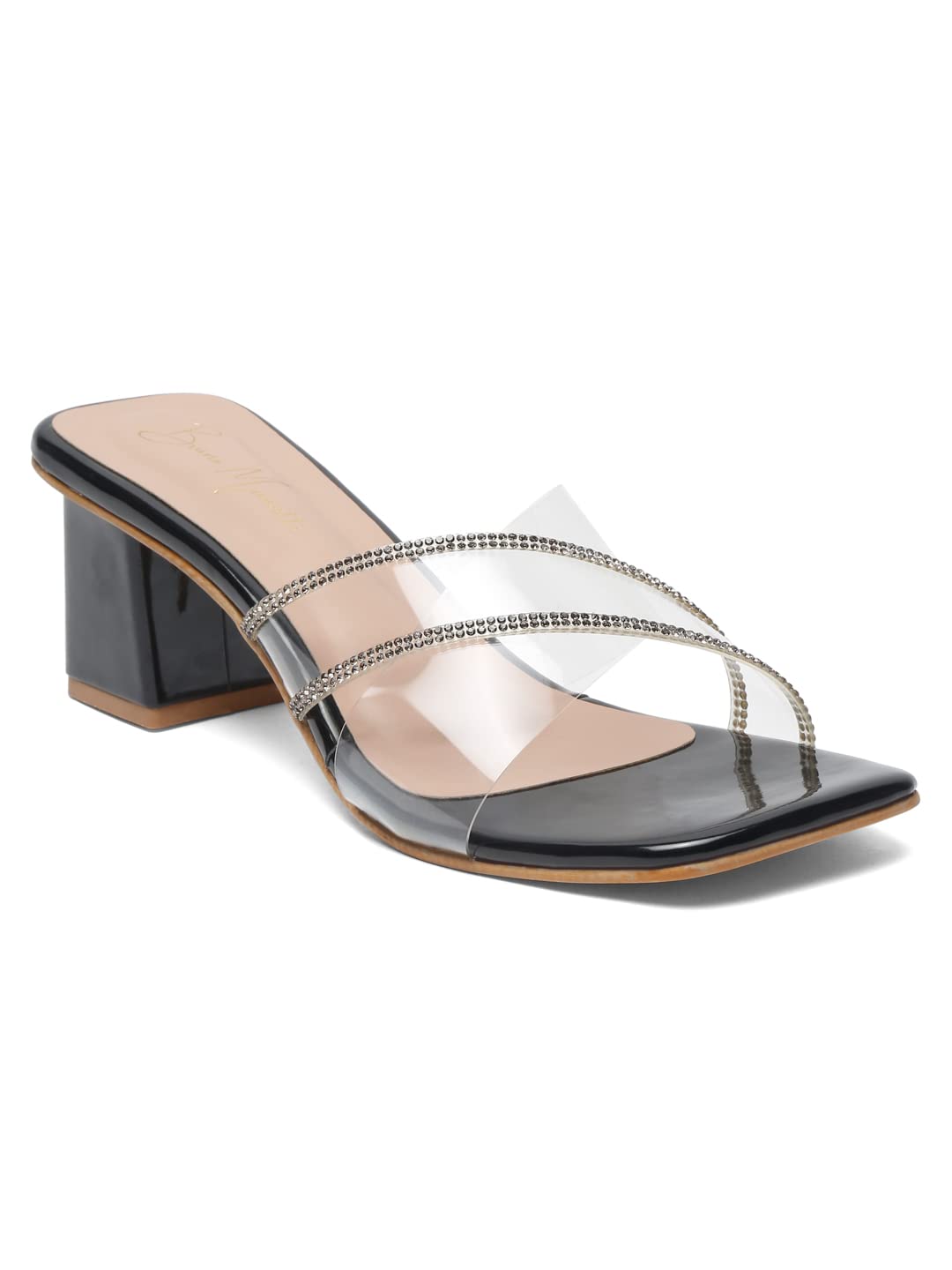 Bruno Manetti womens Black Slipon Back Open with Upper Transparent Cross Strap Square Toe comfort Heels (B0BVB8LQKD) Amazon Price History, Amazon Price Tracker