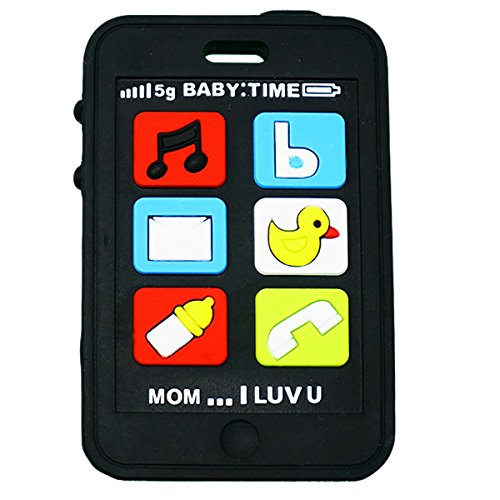 Silli Chews Cute Baby Teether Cell Phone Kids Pretend Play Toy Fake Phone for Babies Telephone Mobile Safe Silicone Teething Toy Infant Pain Relief Apple Black Smart Chatter
