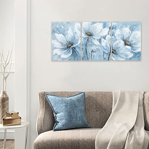 Yidepot Magnolia Flower Picture Wall Decor: Blue And White Flower Canvas Wall Art For Bedroom Floral Painting Frame Ready To Hang (12"X16"X3 Panels) #TOP7