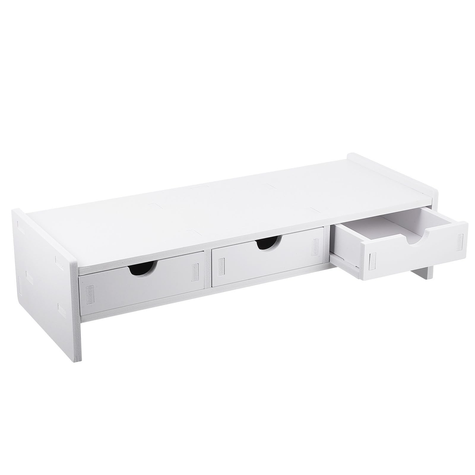 Supporto per Monitor Bianco in PVC Tre Cassetti per Aumentare Altezza Display e Organizzare Scrivania, per Ufficio e Postazioni Computer