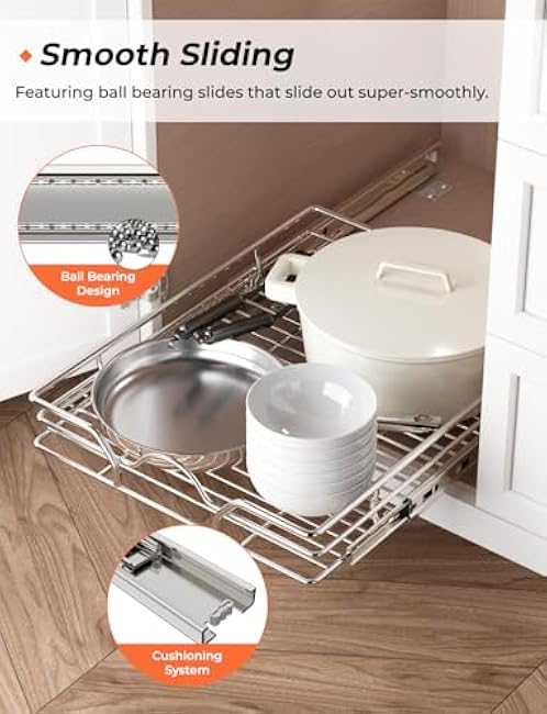 StorageWorks Pull Out Cabinet Organizer, Slide Drawers for Kitchen Cabinets, Bathroom Pantry, Bottom Mount, Chrome-Plated, 17 Lx21 Wx3.7 H, Silver, 1 Pack