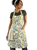 Rustique Linens Floral Yellow 100% Cotton Printed Kitchen Apron With 2 Pockets For Women – Adjustable Chef Apron With Bright Flower Design For Cooking, Baking, Or Bbq – Soft And Machine Washable