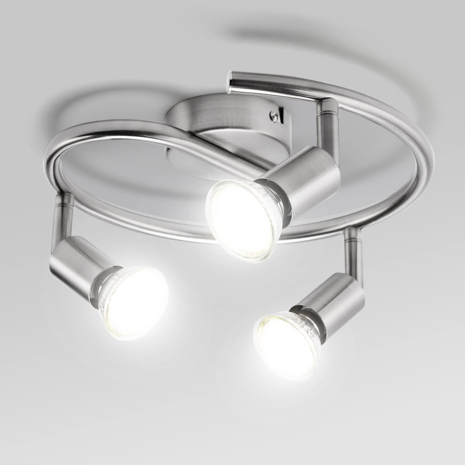Bojim Lampara de Techo LED con 3 Focos, Aplique Comedor Interior Orientable Light, incl. 3 X 6W GU10 Blanco Natural Luces Lámpara, Luz Barra Pared Plafon Ceiling para Baño Pasillo Cocina, Níquel Mate