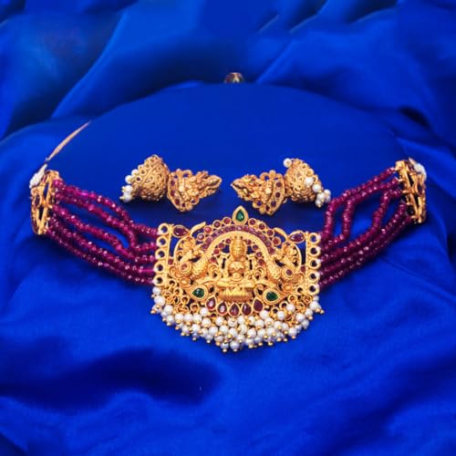 Image of Kollam Supreme Ethnic Matte Gold Plated Lakshmi Ruby Emerald Choker Set For Women