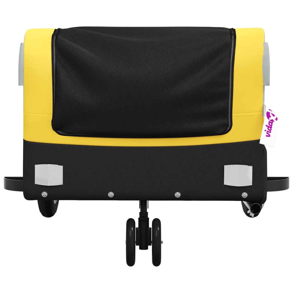 Remolque de bicicleta negro de hierro con capacidad de carga, 122 x 52,5 x 42, barra de tracción y bandera de seguridad, ideal para transporte de equipaje, compras, niños, perros y actividades