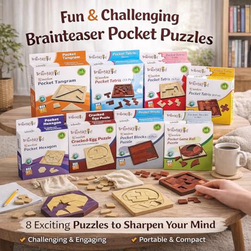 Image of Braintastic Wooden Puzzle Portable Pack of 8 Different Puzzle for Birthday Return Gifts Party Pack, Travel Board Game, Return Favors with Travel Pouch for All Age Group