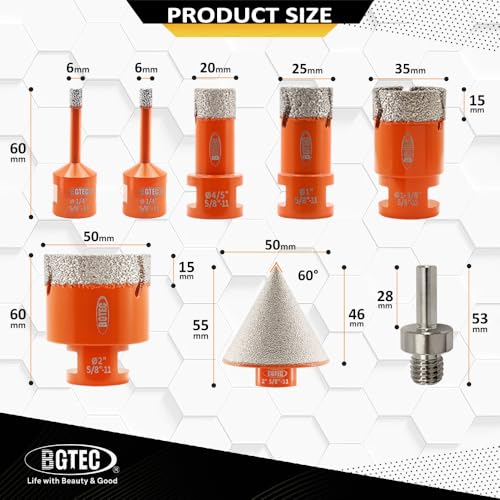 Image of Diamond Core Drill Bit Kit BGTEC Diamond Hole Saw Tile Cutter for Porcelain Tile Ceramic Marble Brick Granite Stone, 5 /8 inch-11 Thread 6 /6 /20 /25 /35 /50mm+50mm Chamfer Bit+Triangle Adapter