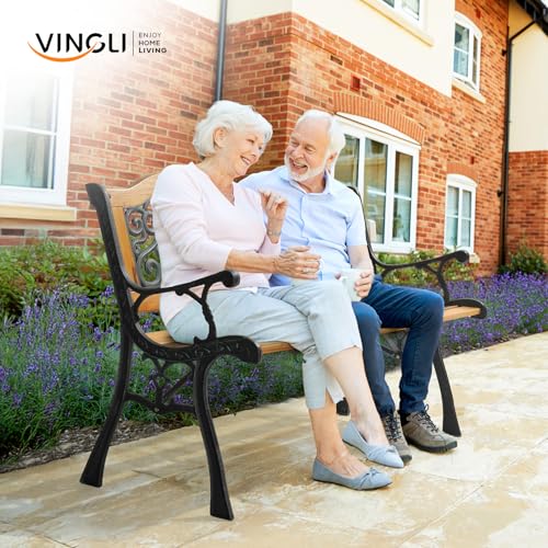 Image of VINGLI Classic Cast Iron & Teak Arched Back Rectangular Outdoor Bench, 3-Seater, 470 lbs Capacity, Easy Assembly, Weather Resistant, 49.5 inch W x 20.5 inch D x 29 inch H