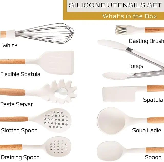 Image of Oren Empower Set of 10 Pcs Silicone Spatula with Wooden Handle for Cooking, Baking & Mixing /Non-Stick Bpa Free /Heat Resistant Item, Non Toxic Silicon Cookware Tools - White
