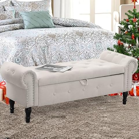ClinQ Storage Bench, 50in Queen Linen Tufted Button End of Bed Bench with Rolled Arm and Nailhead Trim, Upholstered Bedroom Bench, Ottoman Bench for End of Bed, Living Room, Entryway, Linen Color Cover