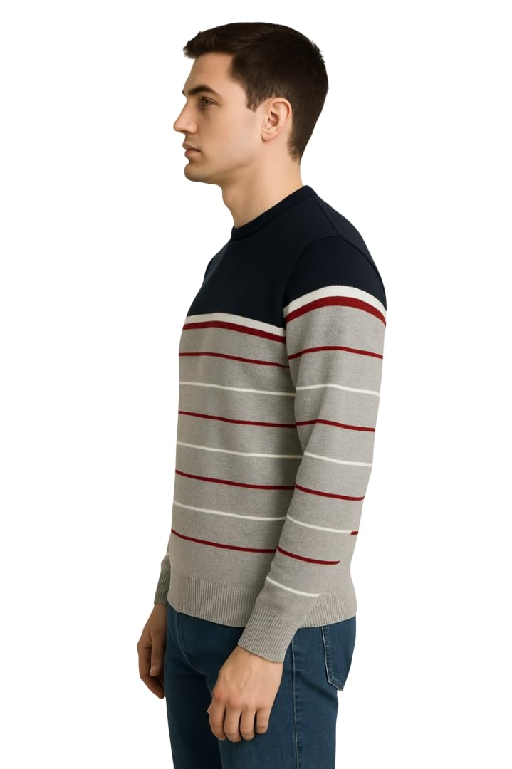Men’s Striped Crew Neck Sweater | Full Sleeve Knit Pullover | Soft & Warm Casual Winter Wear