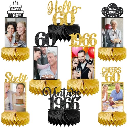 Image of Eucutur 8Pcs 60th Birthday Decorations Honeycomb Centerpieces for Women Men, Black Gold Vintage 1966 60th Bday Photo Table Centerpieces Party Supplies, Glitter Cheers to 60 Year Old Bday Table Topper