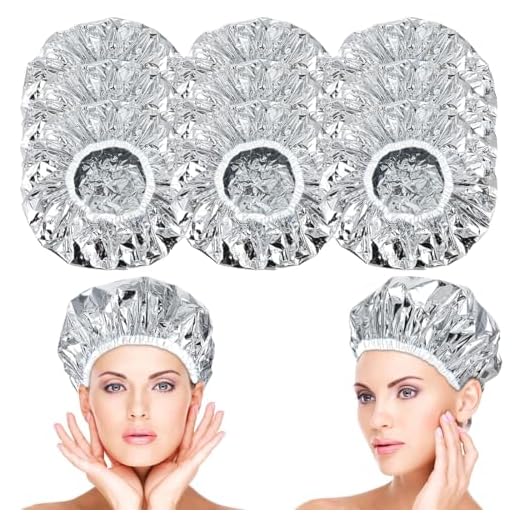 ZUWIJEQ 9 piezas gorro de papel aluminio gorro térmico para el cabello, gorro calefactor de aluminio para el cuidado del cabello, gorro de ducha reutilizable, gorro de baño elástico impermeable