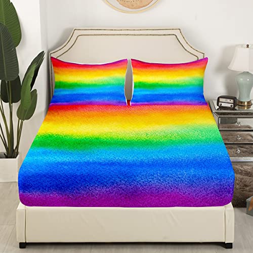 Regenbogen-bedrucktes Bettlaken-Set, abstraktes Aquarell-Spannbetttuch, pastellfarbiges Bettwäsche-Set für Kinder, Teenager, luxuriöse Raumdekoration, 1 Kopfkissenbezug), Doppelbett-Größe - Image 5