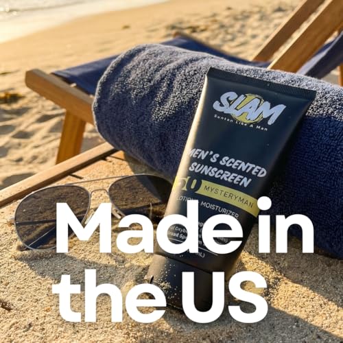 SLAM MysteryMan Men's Sunscreen Lotion SPF 50 & Moisturizer – Face & Body Sunblock, Anti-Aging, Water-Resistant, Hawaii Act 104 Safe, Daily Sport Skincare for Men, Scented – 3 fl oz. Double pack.