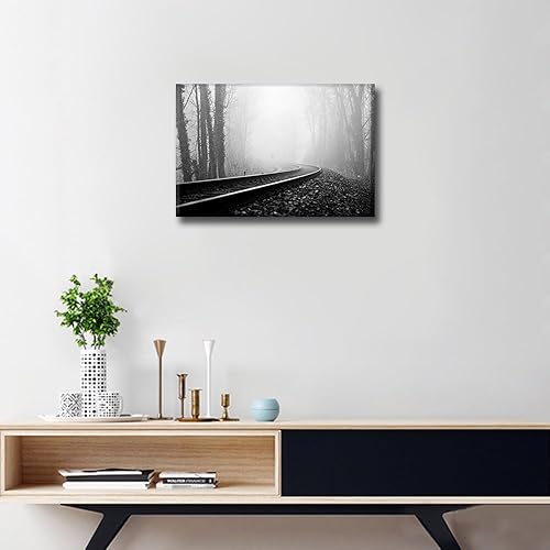 Vista 477 de 1 lienzo decorativo para pared, ferrocarril a través del bosque de pinos con niebla, decoración moderna para el hogar, sala de estar, arte de pared