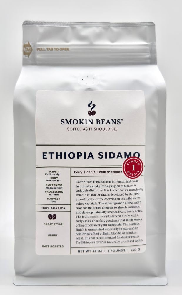 2-Pound Ethiopia Sidamo Freshly Roasted Coffee, Natural Processing, Medium Roast, Premium Whole Bean Specialty Coffee