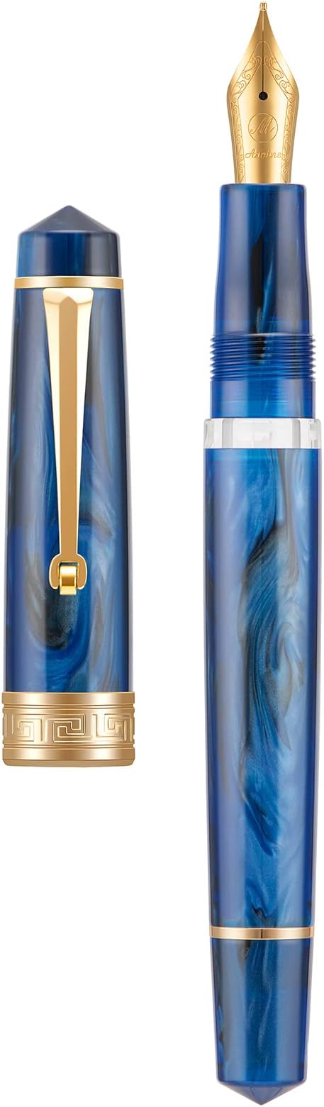 Asvine P20 Piston Fountain Pen Galaxy Blue Resin, Iridium Medium Nib Gold Trim Smooth Writer Collection with Case Set