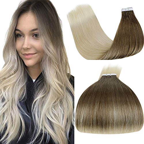 LaaVoo Tape in Human Hair Extensions Straight Invisible Glue in Blonde Hair Ash Brown Balayage Ombre Light Blonde Seamless Balayage Skin Weft Tape in Hair Extensions 20pcs/50g 16"