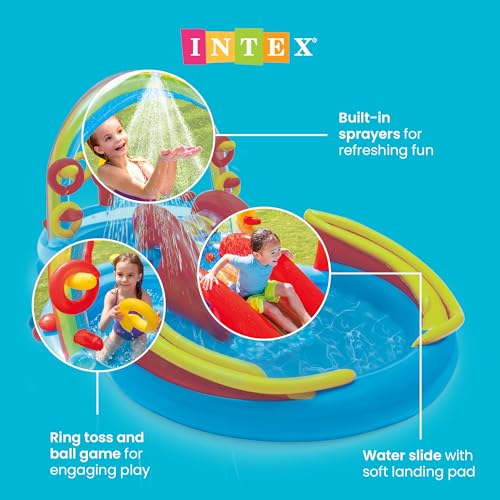 Image of Intex 57453EP 9.75 Foot x 6.3 Foot x 53 Inch Multicolor Rainbow Slide Kids Inflatable Pool with Water Slide and Ring Toss for Children Ages 2 and Up
