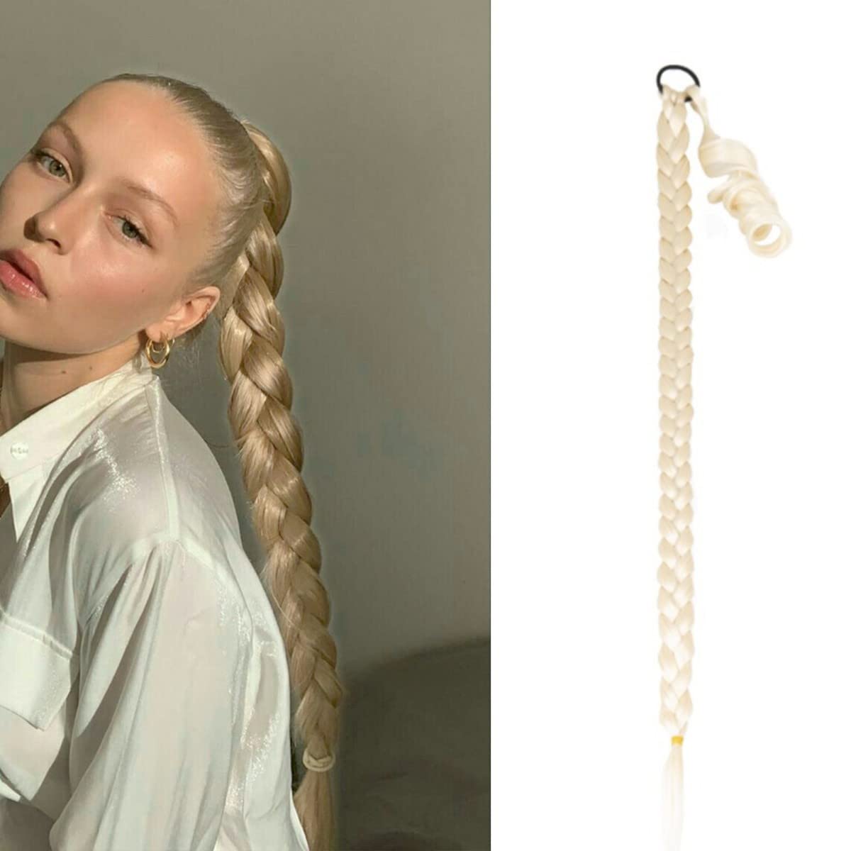 HOSYTIS34" Ponytail Extension Long Straight DIY Braided with Hair Tie Straight Wrap Around Braid Hair Extensions Ponytail Platinum Blonde Soft Synthetic Hairpiece for Women Daily Wear-Platinum Blonde