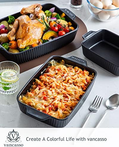 vancasso Forte Glaze Stoneware Oven Dish Set, Black Rectangle Ceramic Oven Proof Dish, Set of 3