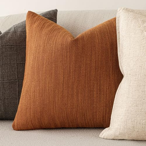 Image of Foindtower Set of 2 Decorative Textured Burlap Linen Throw Pillow Covers Farmhouse Boho Cushion Cover Solid Accent Pillowcase for Couch Sofa Bed Living Room Home Decor,18x18 Inch,Burnt Orange