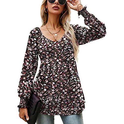 LOMON Womens Casual Fall Puff Long Sleeve Tunic Tops V Neck Flowy Babydoll Peplum Top Blouse T-Shirt 2025 Fashion S-3XL Black Base White Floral-long Sleeve Tee Shirts X-Large