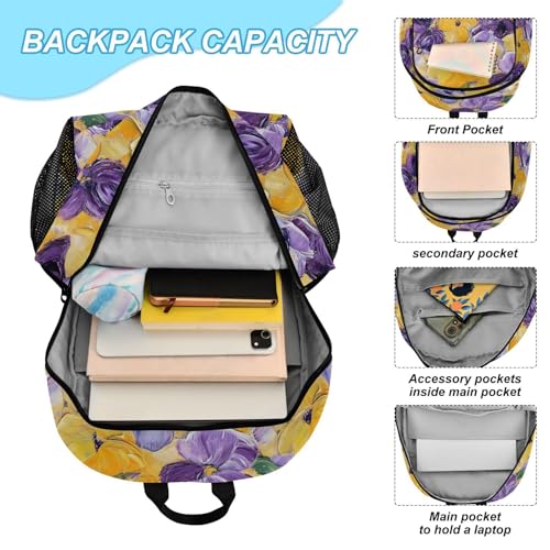 Backpack Lunch Bag Set for Travel Hiking Picnic, Purple Yellow Flowers Print Backpacks with Insulated Lunch Box4