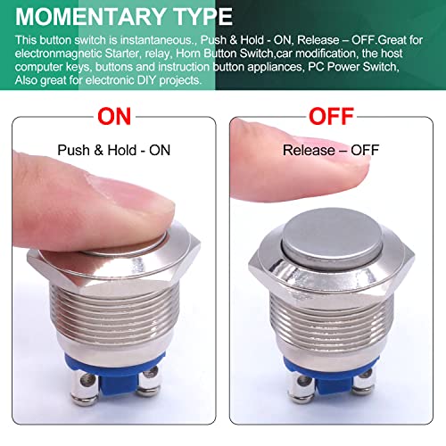 Twidec/19Mm Waterproof Stainless Steel Metal Shell Momentary Raised Top Push Button Switch 3A/12~250V Spst 1No Start Button For Car Modification Switch（Quality Assurance For 1 Years） M-19-T-G #TOP4