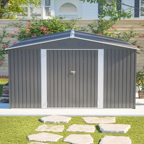 Image of YOPTO 12x14FT Outdoor Storage Shed Metal Shed W /Floor Frame,Garden Tool House W / 4 Air Vents,Lockable Double Doors & Sloped Roof,for Patio,Lawn,Backyard,Light Gray