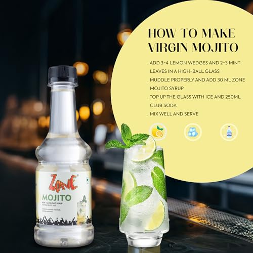 Image of Zone Mojito Flavoured Syrup | Refreshing Mint & Lime Syrup & Mixer for Cocktails, Mocktails, Mojitos, Sodas, Smoothies, Lemonades & Summer Drinks | Non Alcoholic Mix, Perfect for Cafe Restaurant | Premium Bar Syrup 300ml
