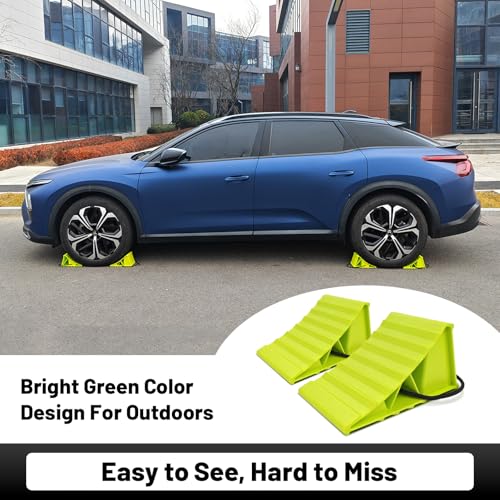 Image of HOXWELL 2 Pair Wheel Chocks for Travel Trailers, Non Slip Heavy Duty Green Wheel Chock with Rope, Lightweight Wheel Stoppers for Cars Campers Trucks RVs, Easy to Carry & Suitable for Most Tyre Sizes