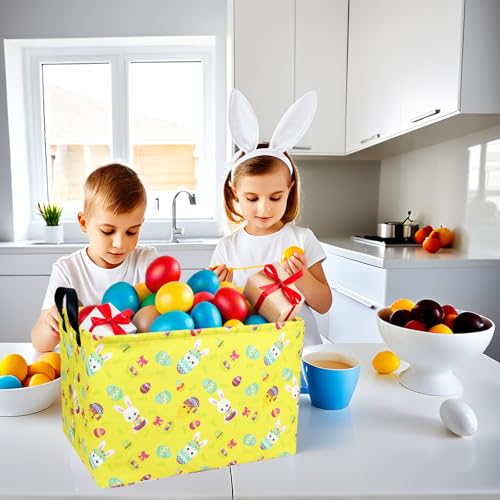 Image of Large Empty Easter Basket for Kid Yellow Fabric Personalized Bunny Eggs Easter Gift Basket for Boy and Girl (Rabbit Chicken)