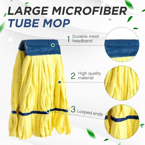 Image of Hushee 1 Pack Large Microfiber Tube Mop Heads 18 oz Heavy Duty Commercial Industrial Wet Mop Head Refill Reusable Machine Washable Looped End Mopheads for Hardwood, Tile, Laminate Floors, Yellow