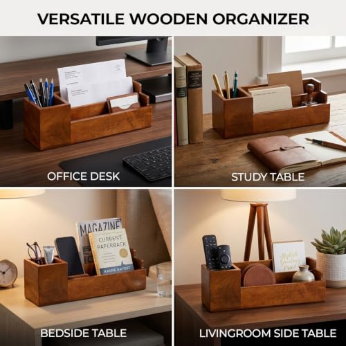 Image of Wooden Desk Organiser with Pen Holder, Mobile & Tablet Stand, Card Holder - Multi-Compartment Office Desk Organizer for Study Table, Bedside Table & Living Room | Walnut Finish