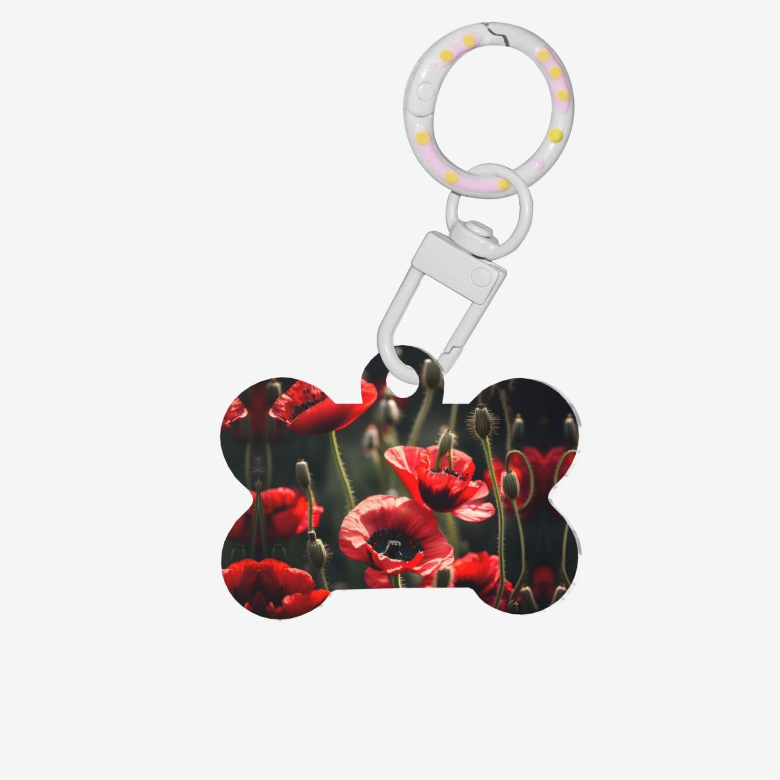Beautiful Red Poppy Flower Printing Dog Tag Bone Shaped Double Sided Pattern Dog Id Tags Bone Shaped Pet Name Tags Dog Collar Tags