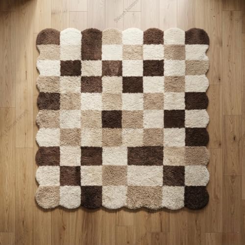 Image of SWEET HOMES Brown Beige Carpet for Living Room Shaggy Checkered Area Rug | Ultra Soft Irregular Shape, 6 x 8 Feet (183 x 244 cm), Beige-Brown A1