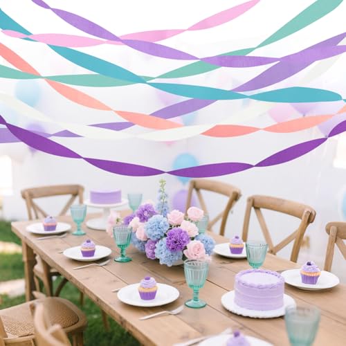 Image of Streamers Party Decorations, 8 Rolls Crepe Paper with Purple, Blue, Mint and White Party Streamers for Mermaid Birthday, Winter Party Decorations, Baby Bride Shower,Wedding
